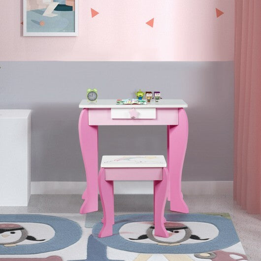 Kids Wooden Makeup Dressing Table and Chair Set with Mirror and Drawer-Pink W2B