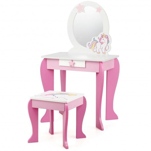Kids Wooden Makeup Dressing Table and Chair Set with Mirror and Drawer-Pink W2B