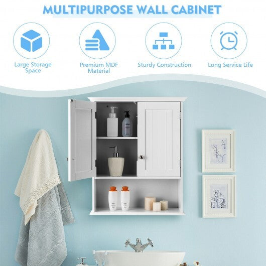 Wall Mount Bathroom Cabinet Storage Organizer with Doors and Shelves-White W2B