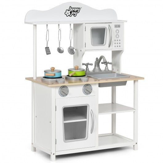 Wooden Pretend Play Kitchen Set for Kids with Accessories and Sink - Color: White W2B