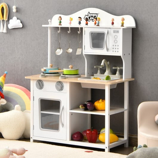 Wooden Pretend Play Kitchen Set for Kids with Accessories and Sink - Color: White W2B