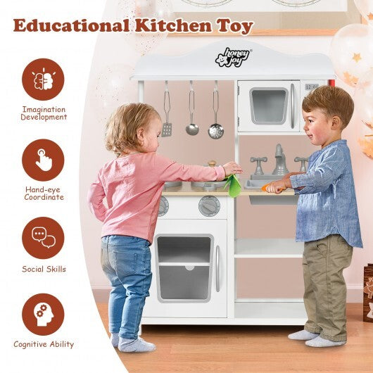 Wooden Pretend Play Kitchen Set for Kids with Accessories and Sink - Color: White W2B