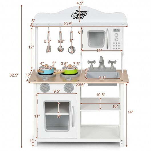 Wooden Pretend Play Kitchen Set for Kids with Accessories and Sink - Color: White W2B