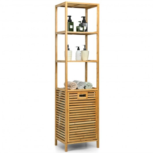 Bamboo Tower Hamper Organizer with 3-Tier Storage Shelves-Natural W2B