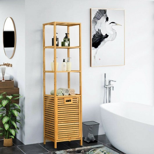 Bamboo Tower Hamper Organizer with 3-Tier Storage Shelves-Natural W2B