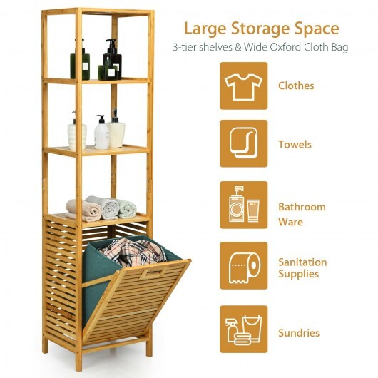 Bamboo Tower Hamper Organizer with 3-Tier Storage Shelves-Natural W2B