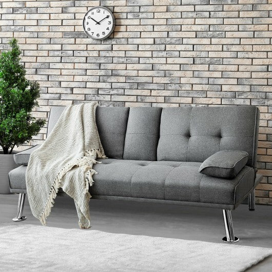 Convertible Folding Futon Sofa Bed Fabric with 2 Cup Holders-Dark Gray