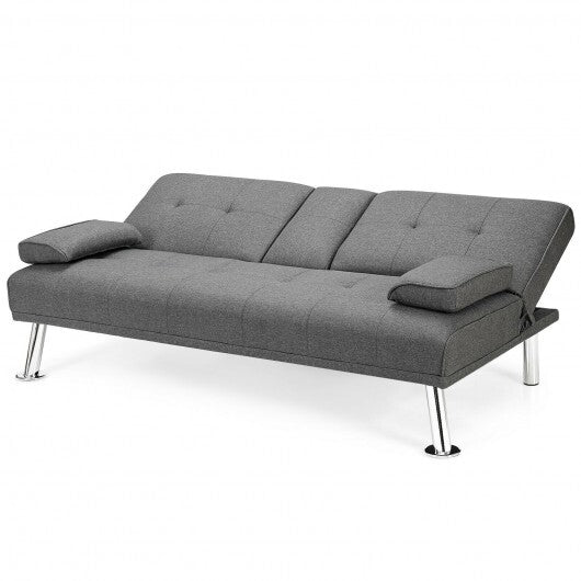 Convertible Folding Futon Sofa Bed Fabric with 2 Cup Holders-Dark Gray