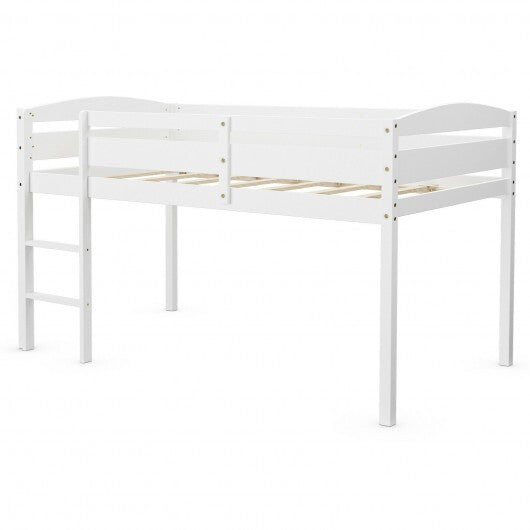 Wooden Twin Low Loft Bunk Bed with Guard Rail and Ladder-White W2B