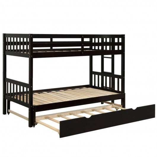 Twin Pull-Out Bunk Bed with Trundle Wooden Ladder-Espresso W2B