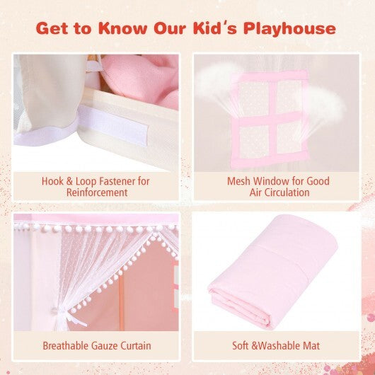 Kids Play Tent Large Playhouse Children Play Castle Fairy Tent Gift with Mat-Pink W2B