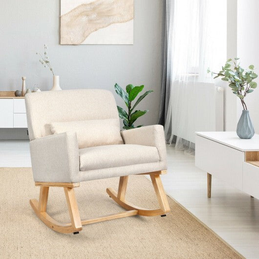 Upholstered Rocking Chair with and Solid Wood Base-Beige W2B
