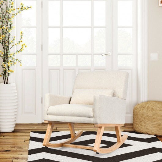 Upholstered Rocking Chair with and Solid Wood Base-Beige W2B