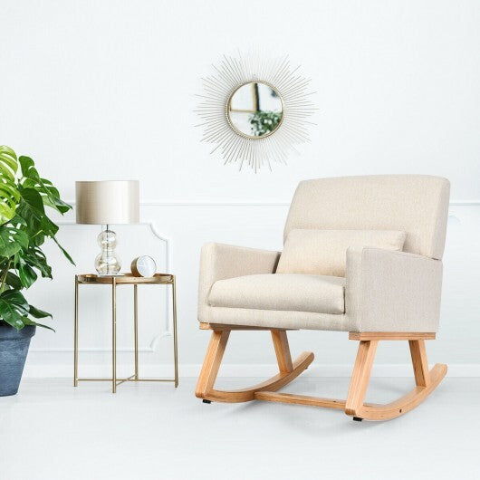 Upholstered Rocking Chair with and Solid Wood Base-Beige W2B