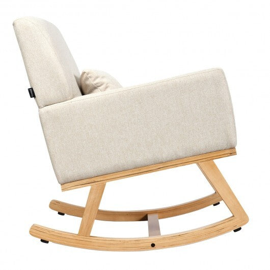Upholstered Rocking Chair with and Solid Wood Base-Beige W2B