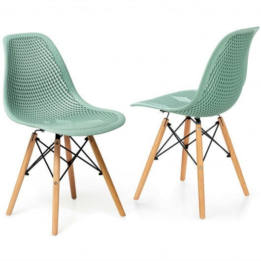2 Pcs Modern Plastic Hollow Chair Set with Wood Leg-Green W2B