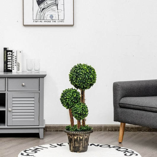 30 Inch Artificial Topiary Triple Ball Tree Indoor and Outdoor UV Protection - Color: Green W2B