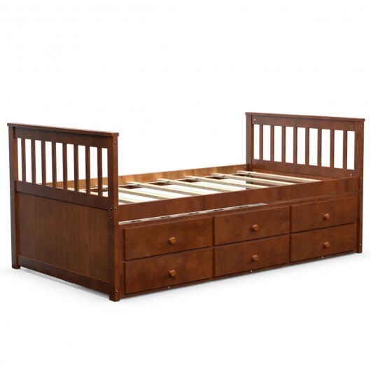 Twin Captain's Bed with Trundle and 3 Storage Drawers-Walnut