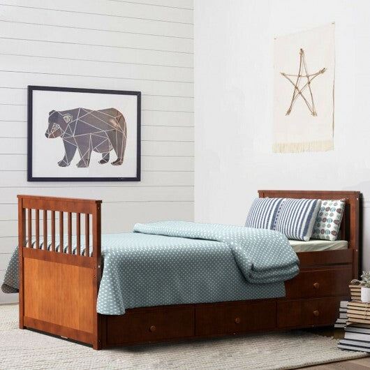 Twin Captain's Bed with Trundle and 3 Storage Drawers-Walnut