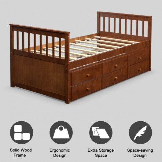 Twin Captain's Bed with Trundle and 3 Storage Drawers-Walnut