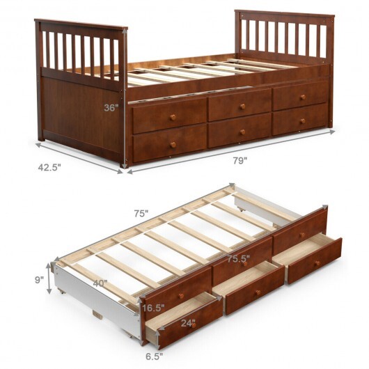 Twin Captain's Bed with Trundle and 3 Storage Drawers-Walnut