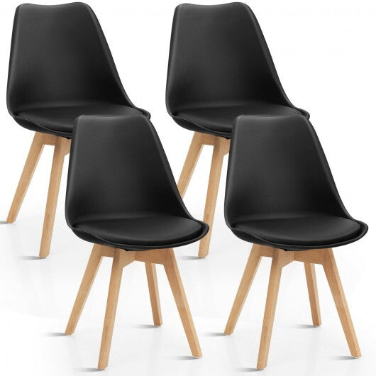 Set of 4 Dining Chairs Mid-Century Modern Shell PU Seat with Wooden Legs-Black W2B
