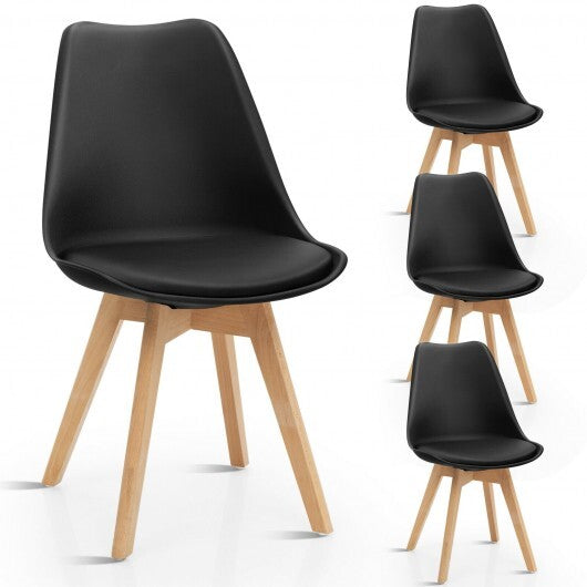 Set of 4 Dining Chairs Mid-Century Modern Shell PU Seat with Wooden Legs-Black W2B
