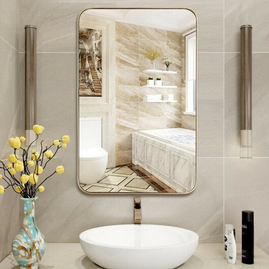 32 Inch x 20 Inch Metal Frame Wall-Mounted Rectangle Mirror-Golden W2B