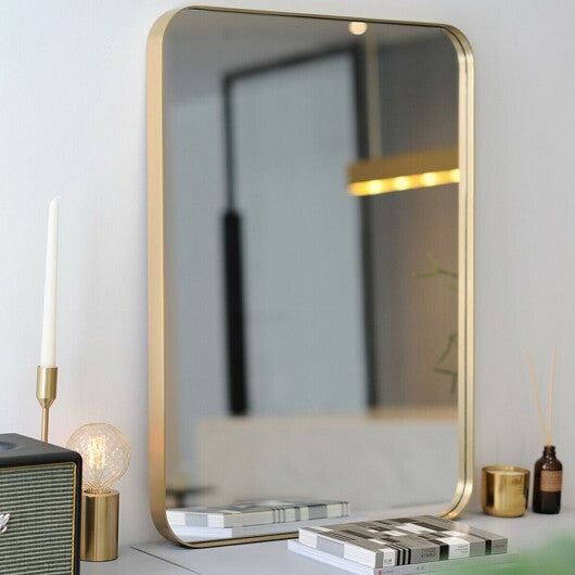 32 Inch x 20 Inch Metal Frame Wall-Mounted Rectangle Mirror-Golden W2B