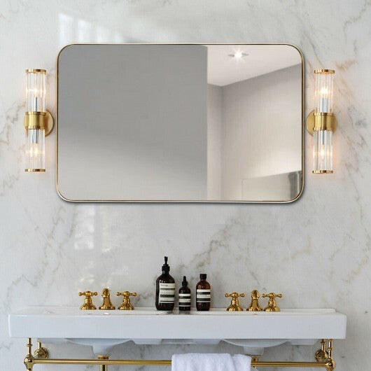32 Inch x 20 Inch Metal Frame Wall-Mounted Rectangle Mirror-Golden W2B