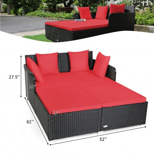 Spacious Outdoor Rattan Daybed with Upholstered Cushions and Pillows-Red