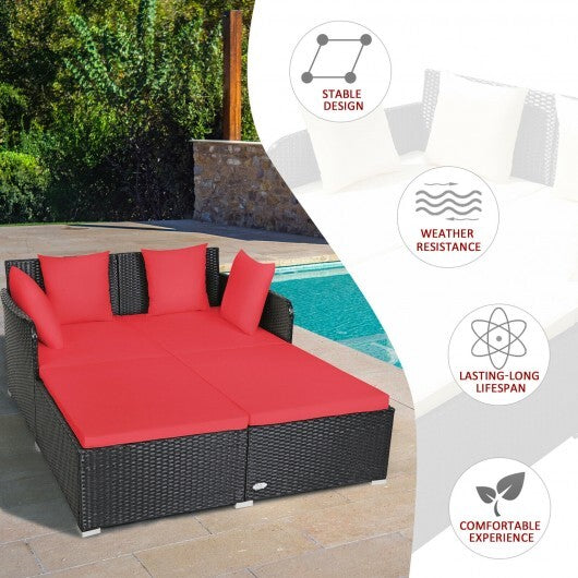 Spacious Outdoor Rattan Daybed with Upholstered Cushions and Pillows-Red