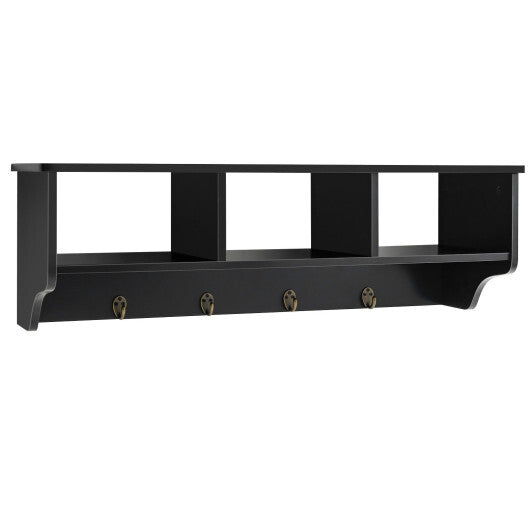 Wall Mount Cubby Organizer Hooks Entryway Storage Shelf-Black W2B