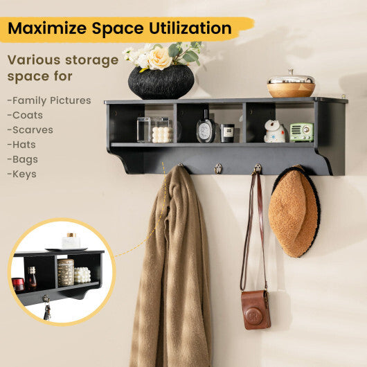 Wall Mount Cubby Organizer Hooks Entryway Storage Shelf-Black W2B