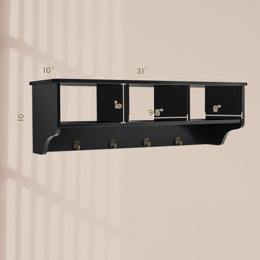 Wall Mount Cubby Organizer Hooks Entryway Storage Shelf-Black W2B