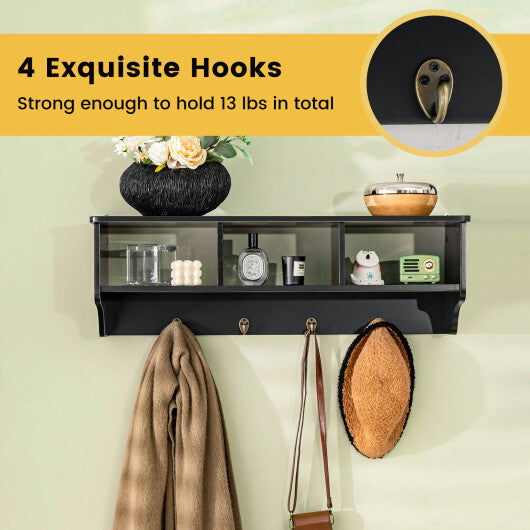 Wall Mount Cubby Organizer Hooks Entryway Storage Shelf-Black W2B