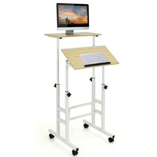 Height-adjustable Mobile Standing Desk with Split Top and Adjustable Angle-Walnut
