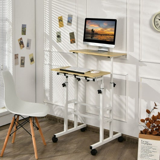 Height-adjustable Mobile Standing Desk with Split Top and Adjustable Angle-Walnut