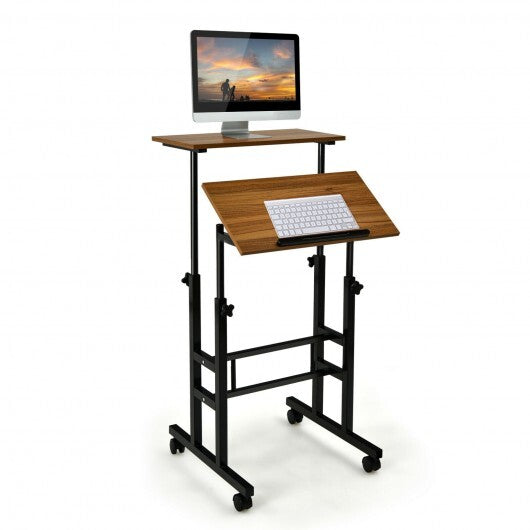 Height-adjustable Mobile Standing Desk with Split Top and Adjustable Angle-Walnut