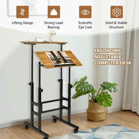 Height-adjustable Mobile Standing Desk with Split Top and Adjustable Angle-Walnut