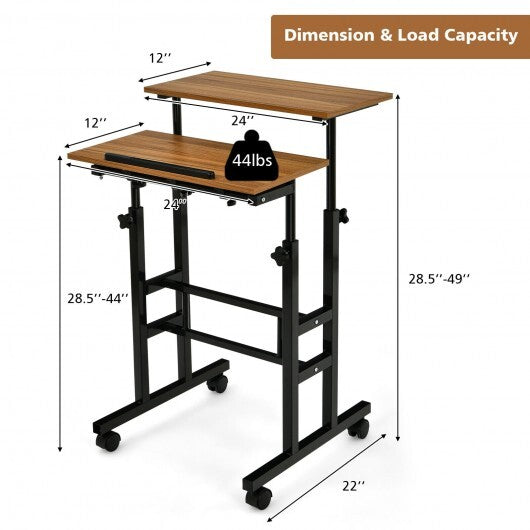 Height-adjustable Mobile Standing Desk with Split Top and Adjustable Angle-Walnut