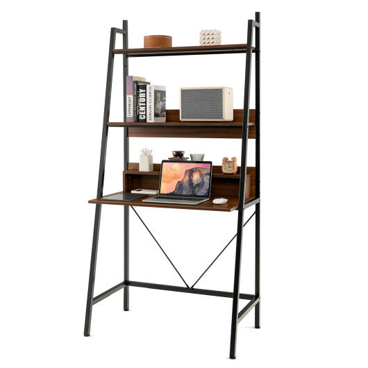 71" High Freestanding Laptop Desk with Open Shelves for Living Room Bedroom Study-Brown