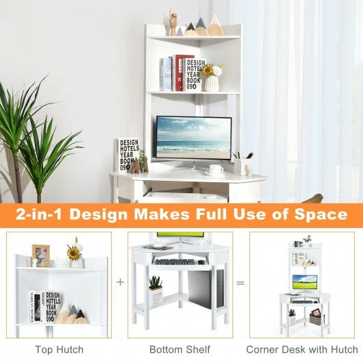 Corner Computer Desk with Hutch and Storage Shelves-White