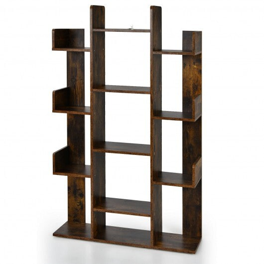 Tree-Shaped Bookshelf with 13 Compartments for Home Office-Rustic Brown