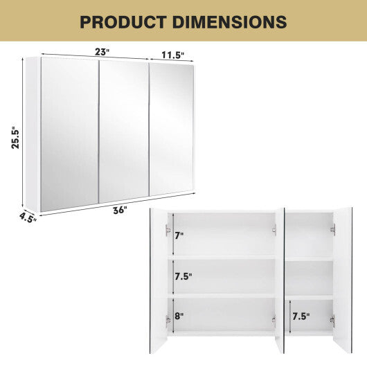 Frameless Bathroom Wall Mounted Mirror Cabinet with 3 Doors and Adjustable Shelves