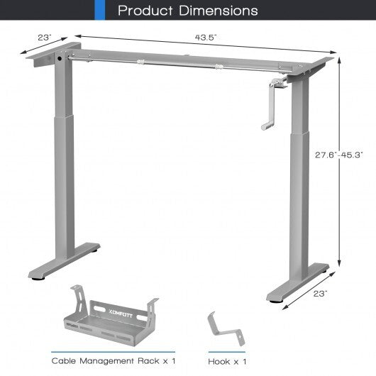 Hand Crank Sit to Stand Desk Frame Height Adjustable Standing Base-Gray
