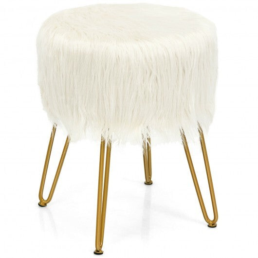 Faux Fur Vanity Stool Chair with Metal Legs for Bedroom and Living Room-White - Color: White W2B