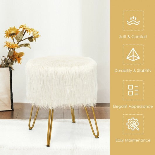 Faux Fur Vanity Stool Chair with Metal Legs for Bedroom and Living Room-White - Color: White W2B