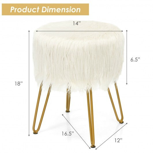 Faux Fur Vanity Stool Chair with Metal Legs for Bedroom and Living Room-White - Color: White W2B