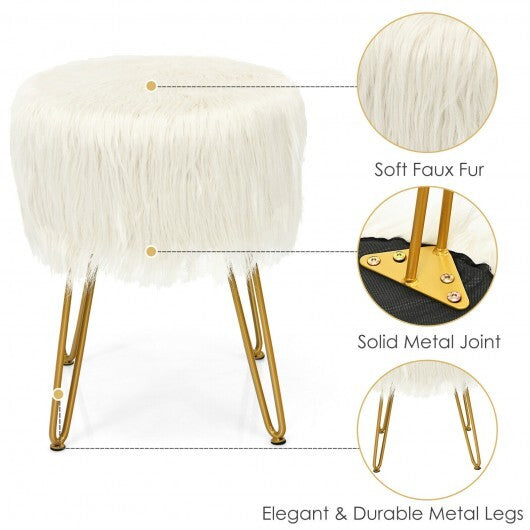 Faux Fur Vanity Stool Chair with Metal Legs for Bedroom and Living Room-White - Color: White W2B